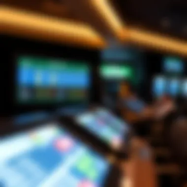 A digital screen displaying race odds and statistics in a modern betting lounge.