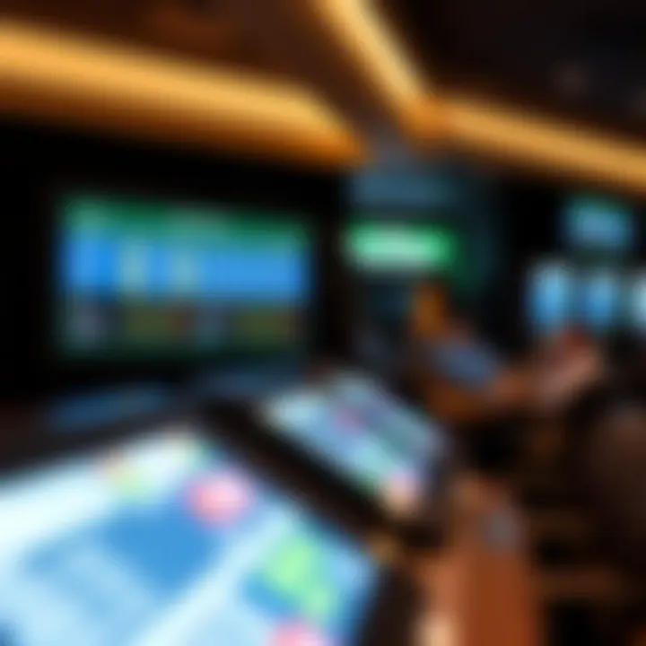 A digital screen displaying race odds and statistics in a modern betting lounge.