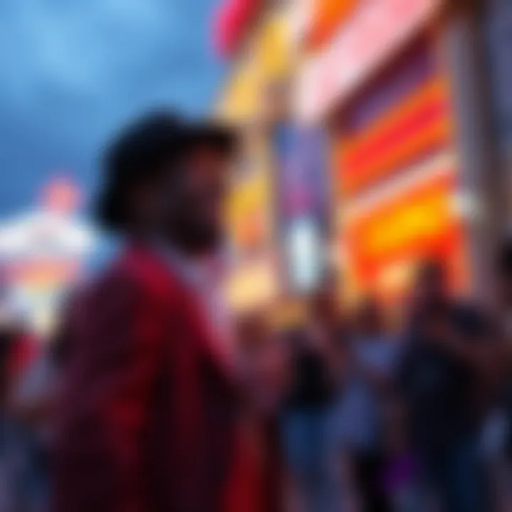 An engaging street performer captivating an audience on a vibrant street