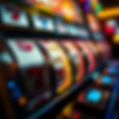 A close-up view of a spinning slot machine with glowing lights