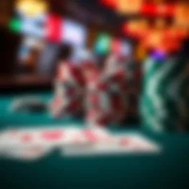 Close-up of poker chips and cards on a gaming table