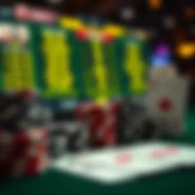 A close-up view of poker chips and cards arranged on a digital interface.