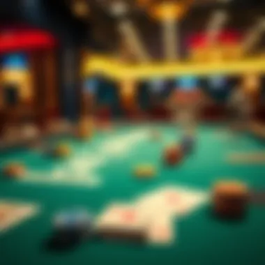 A close-up view of a poker table set up for a strip poker game with cards and chips