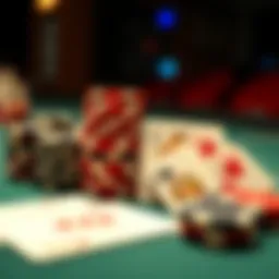 A close-up of poker chips and cards on a table, symbolizing strategy.
