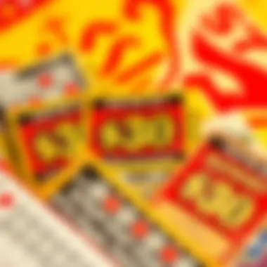 A group of lottery tickets with a focus on the $30 variety on a vibrant background