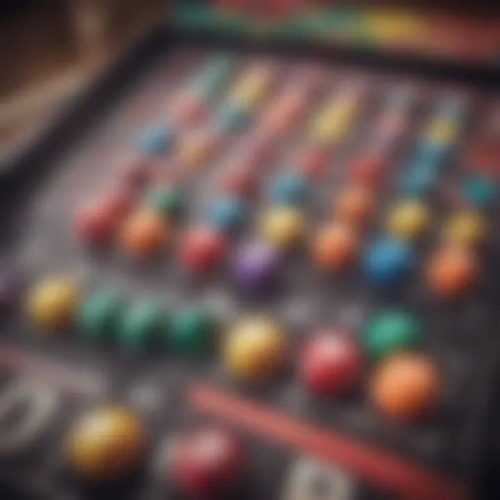 A colorful tombola bingo setup with vibrant cards and markers