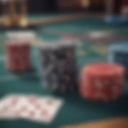 A digital representation of a blackjack table with cards and chips