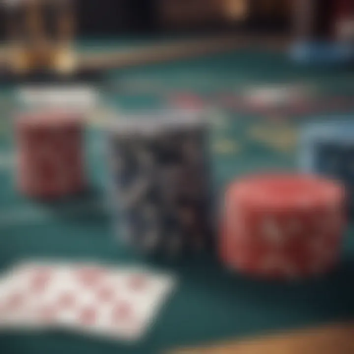 A digital representation of a blackjack table with cards and chips