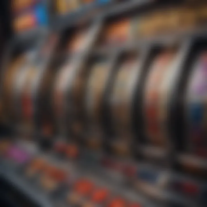 A close-up of a slot machine with colorful symbols and lights