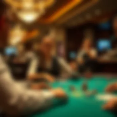 An elegant live dealer interacting with players at a blackjack table